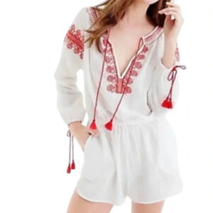 j crew white linen / cotton red embroidered romper